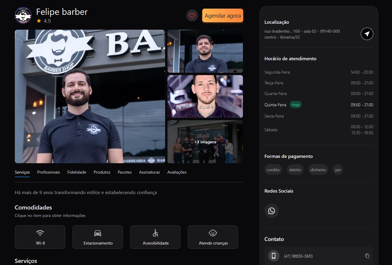 Tela de agendamento da Felipe Barber no AppBarber, com serviços, horários e contato